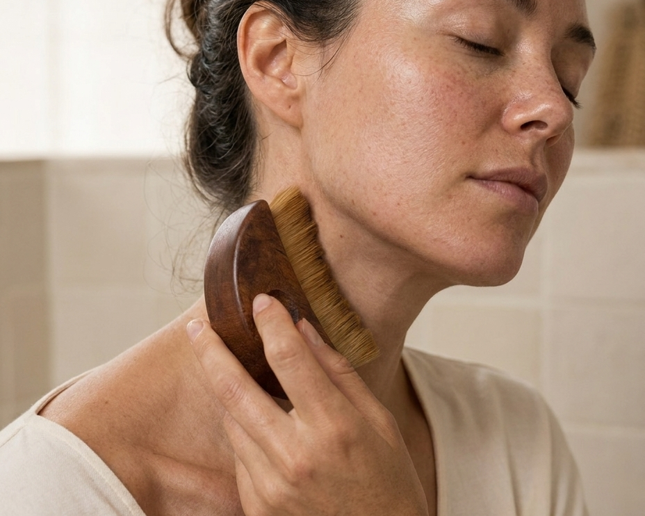 Finishing with light downward strokes of the Velynie brush from jaw to collarbone
