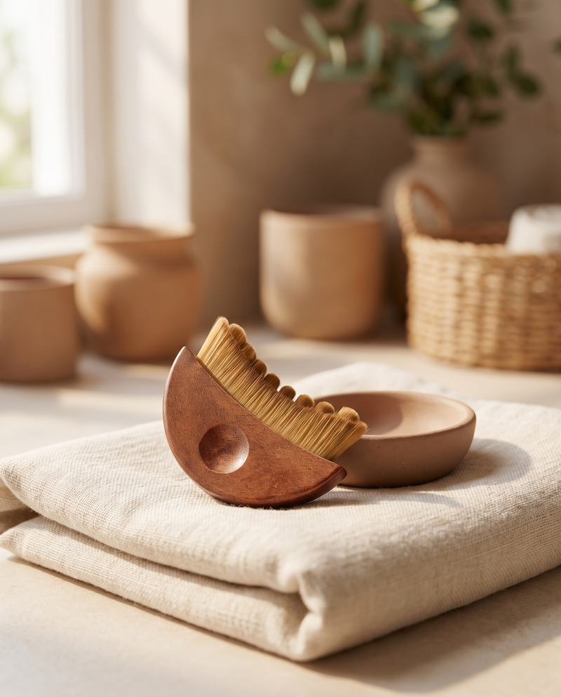 Velynie wooden facial brush styled on folded linen beside a stoneware dish in a calm morning bathroom