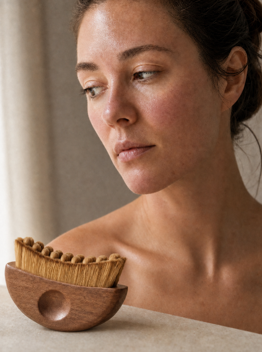 The Velynie brush resting on a warm morning vanity