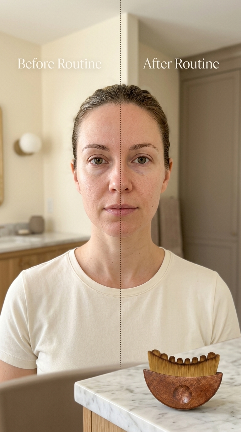 A woman with bare freckled skin in soft morning light, the Velynie brush resting on the counter beside her