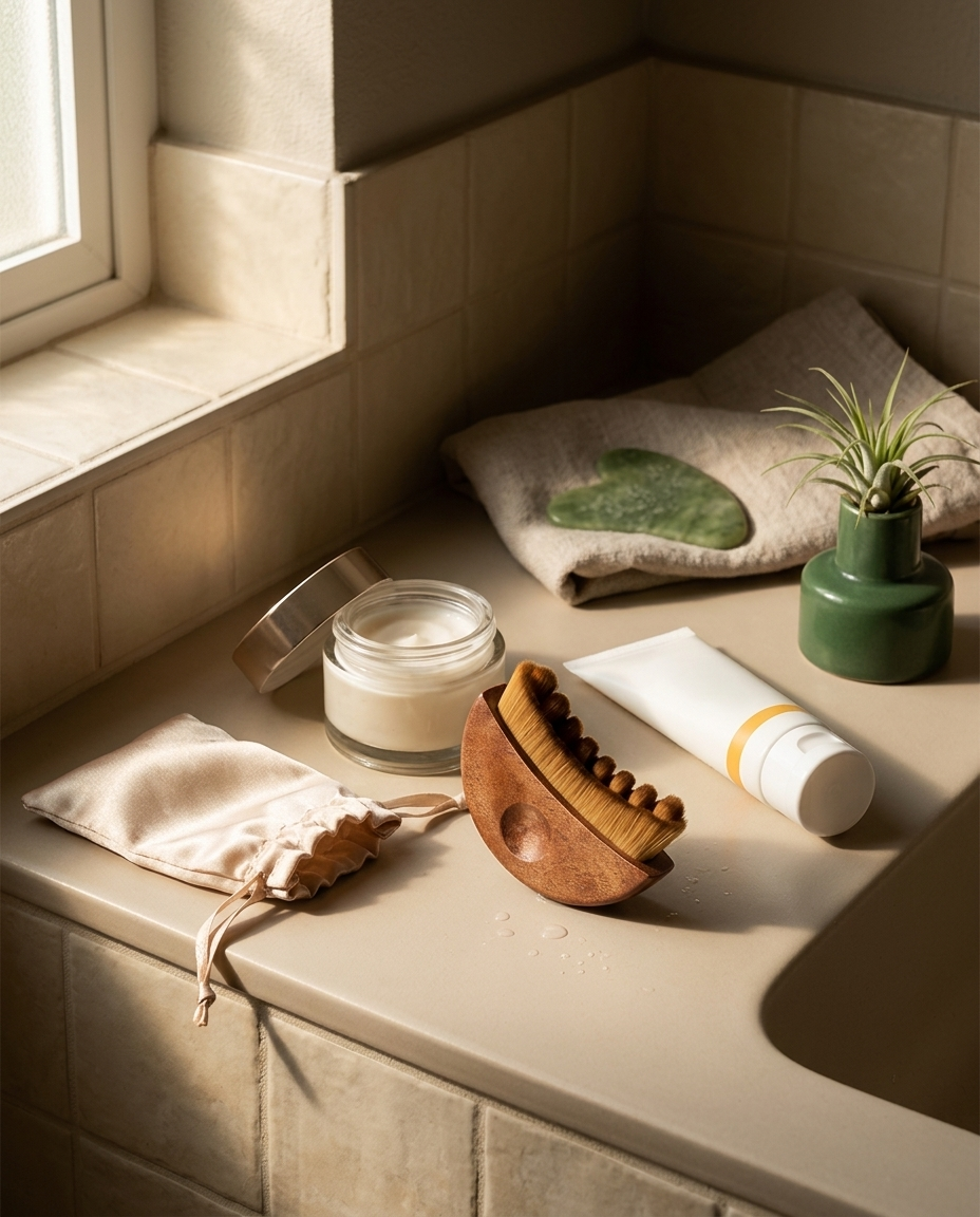 A woman in a cream sweater at her bathroom counter after her morning routine, the Velynie brush on the table