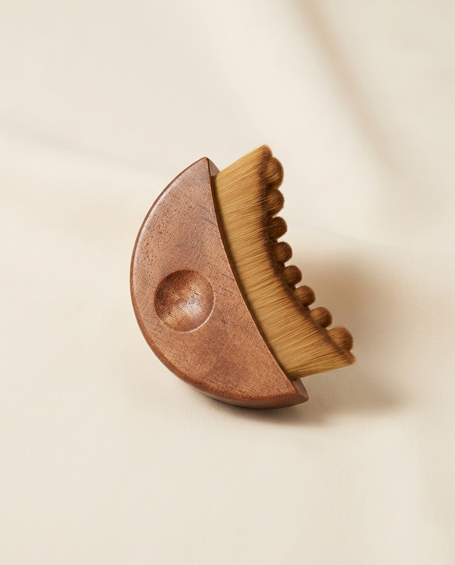 The Velynie brush, a half-moon walnut wood body with a carved thumb rest and soft golden-tan bristles