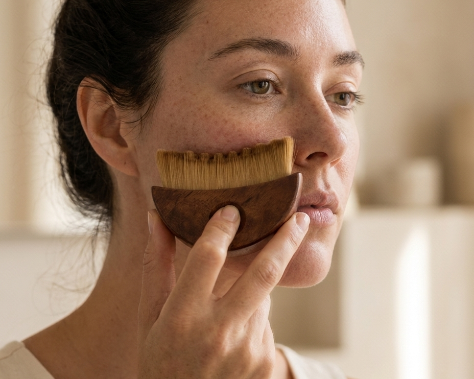 Placing the Velynie brush beside the nose, bristles resting on the cheek under the eye