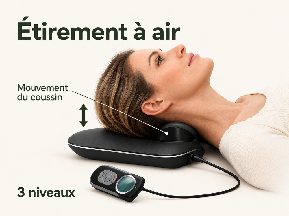 Étirement à air : vue de côté du masseur sous la nuque, mouvement du coussin et trois niveaux.