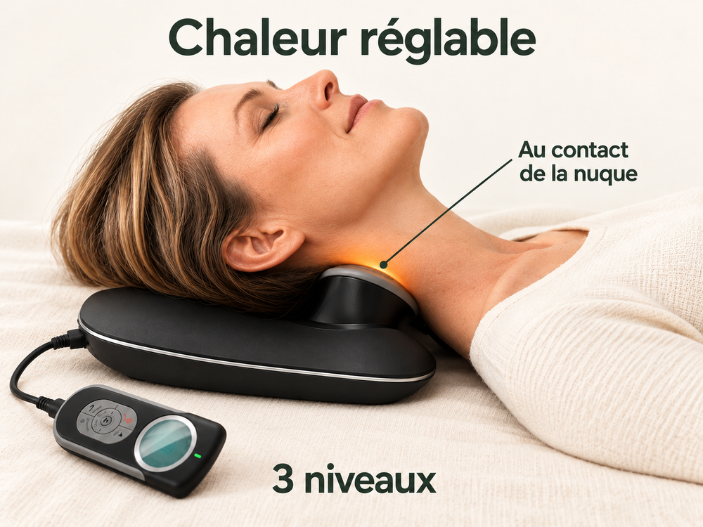 Chaleur réglable : zone de contact sous la nuque et trois niveaux de chaleur.