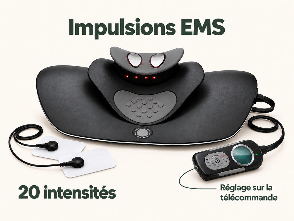 Impulsions EMS : appareil, électrodes et télécommande filaire, réglage sur 20 intensités et marquage gris sur la base.