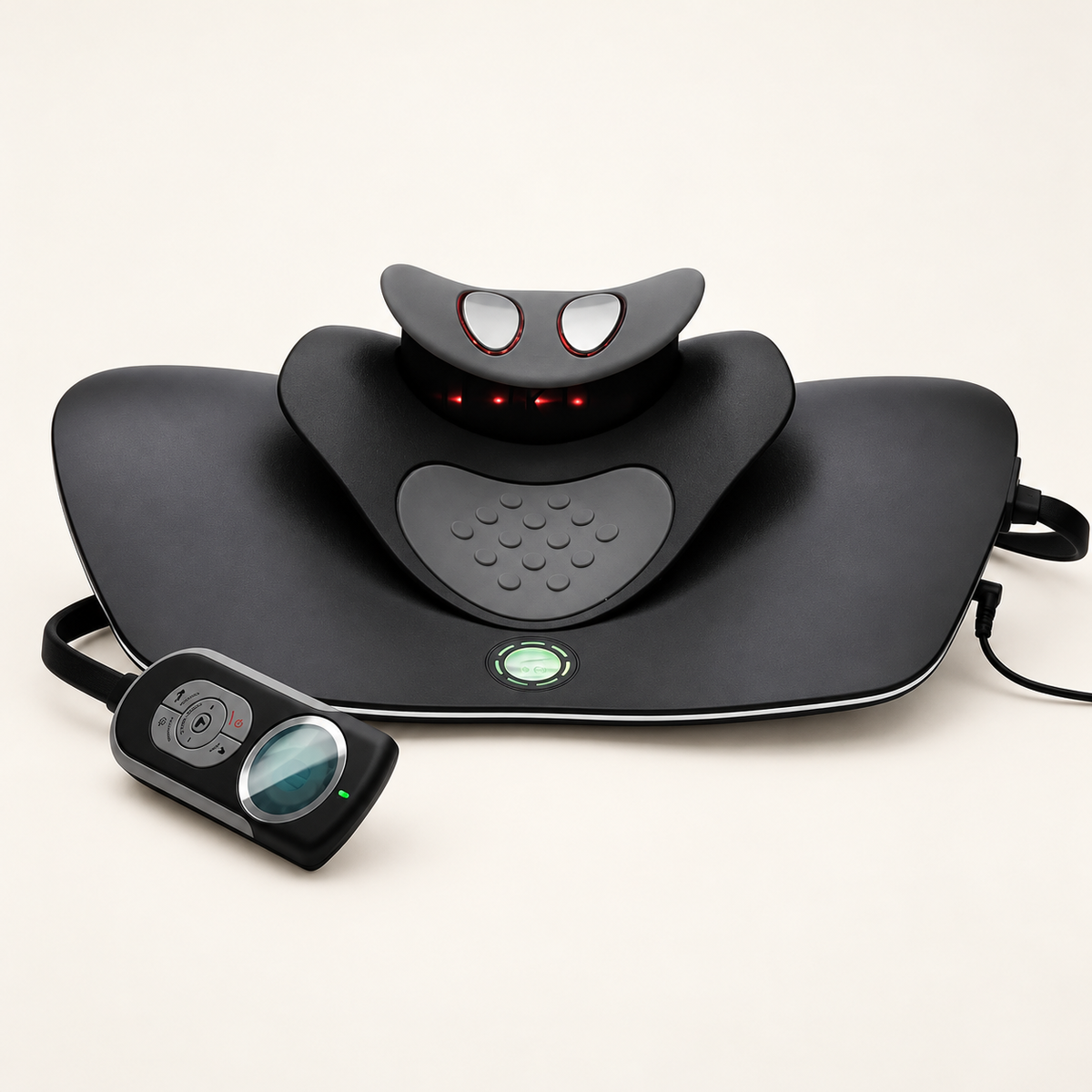 Masseur cervical et télécommande filaire sur fond crème